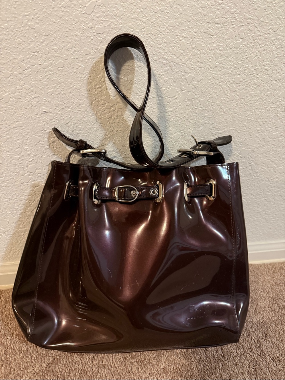 Beijo Glossy Patent Shoulder Bag in Dark Plum